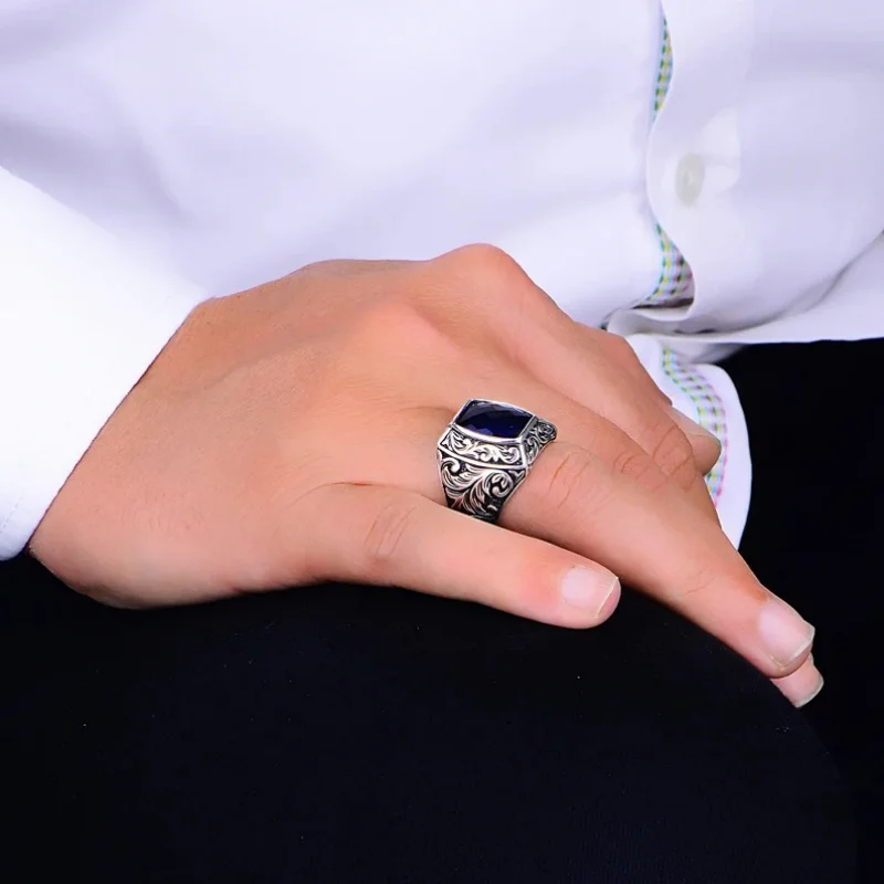 Vintage Punk Geometric Blue Suitable Rings for Anniversary Party Wedding Men\'s High-end Luxury Jewelry