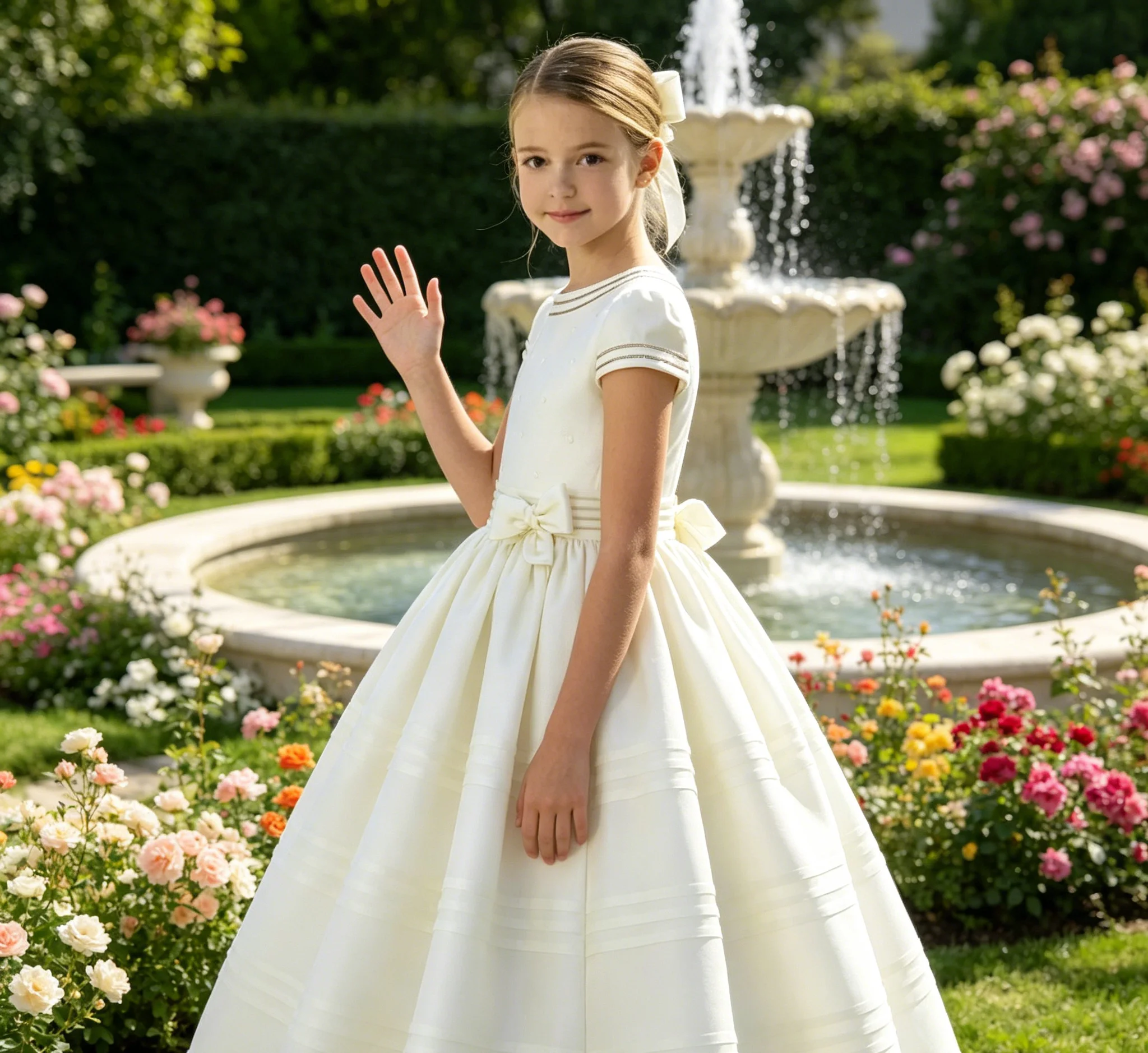 

Classic Satin Customized Flower Girl Dress for Wedding Short Sleeves Floor Lenght Kids Birthday Party First Communion Gown