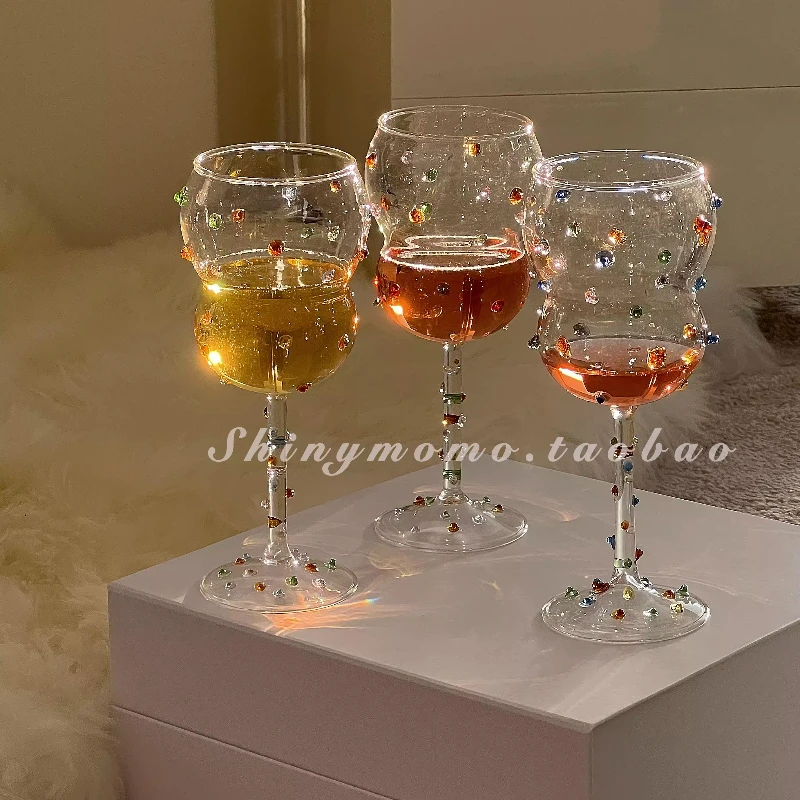 

Creative Handcrafted Artistic Goblet with Colored Gemstones, Polka Dot Glass Cup, Stress Relief Gift