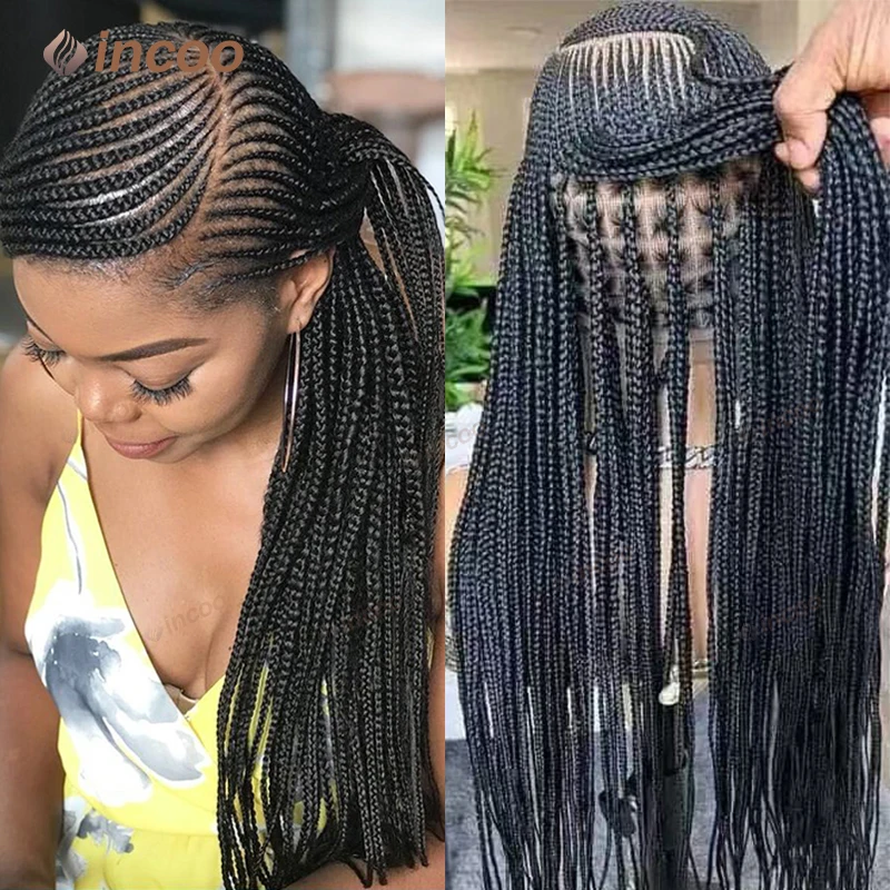 Боковая часть Cornrow Braids Синтетические парики для женщин Полный парик фронта шнурка Коса Африканские волосы Коробка без узлов Плетеные парики Светлый парик