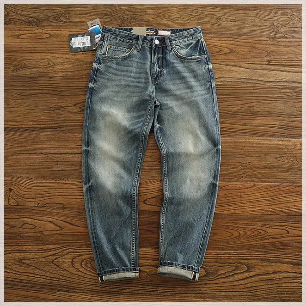 

12.5 Oz Amei Khaki Vintage Denim Pants Men's Straight Leg Conical Small Feet Comfortable Little Spring Red Border Denim Jeans