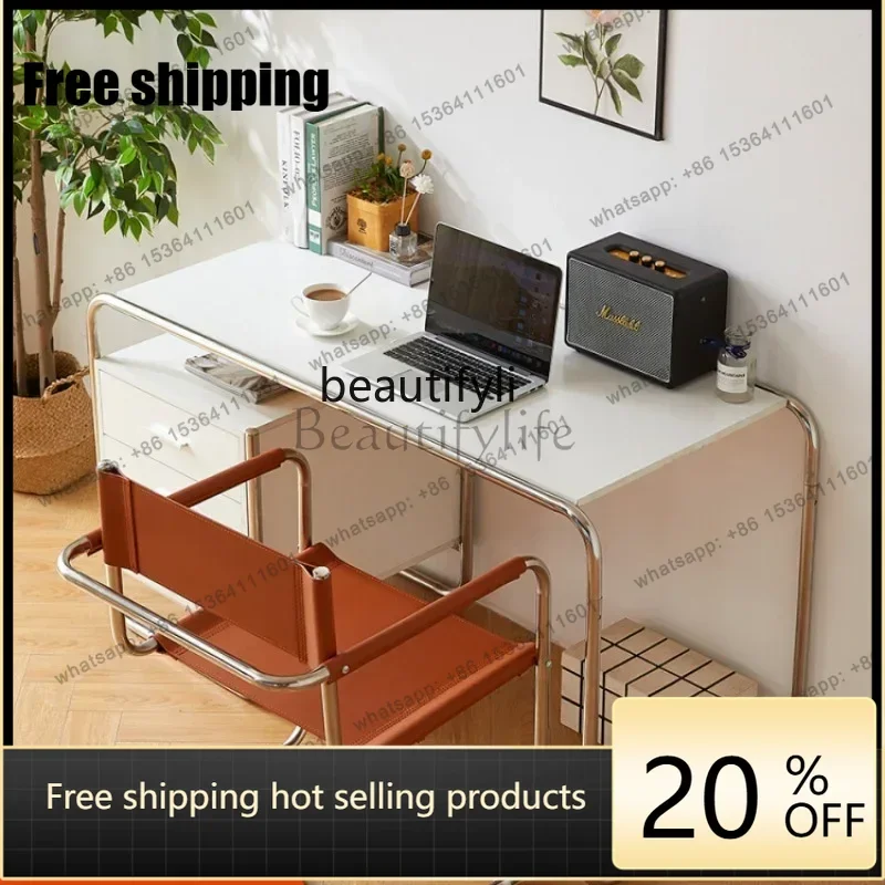Factory Customization Stainless Steel Computer Desk Home Light Luxury Office Study Drawer Bauhaus Desk Writing Desk