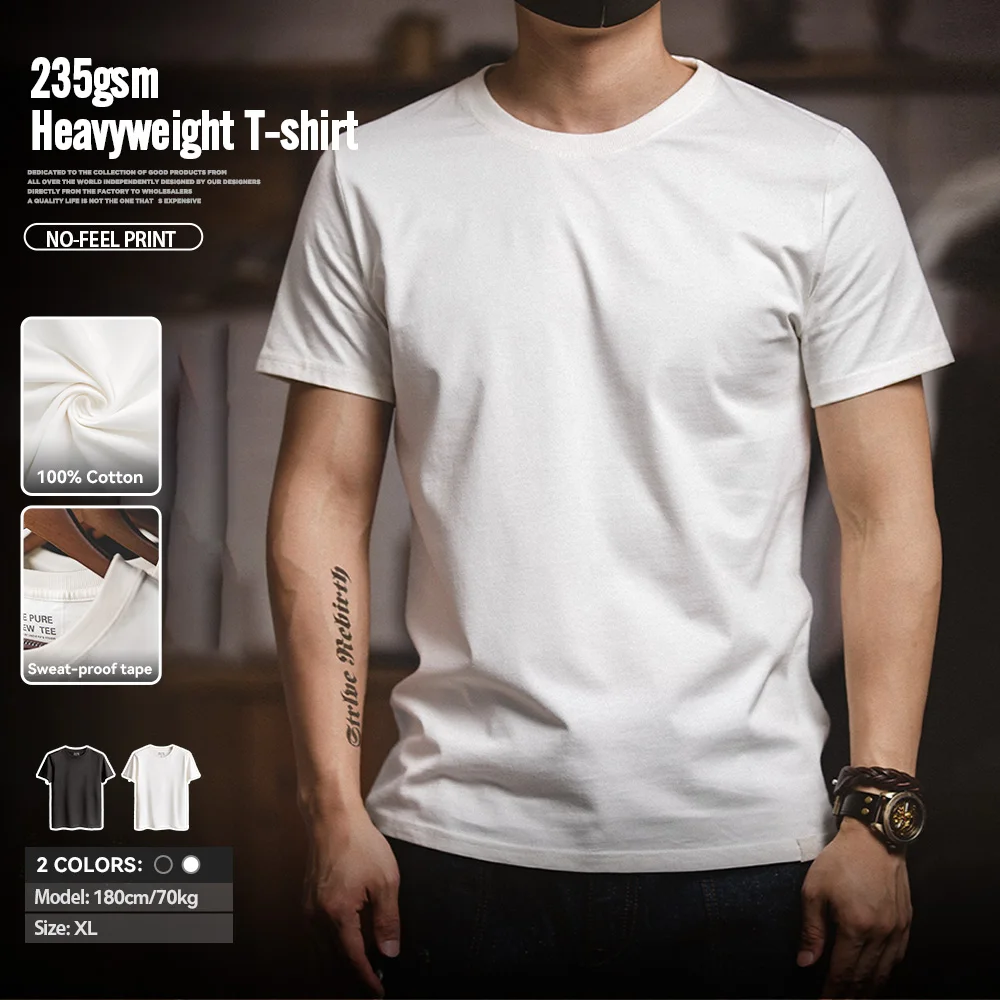 Maden 1Pc/2Pcs Solid Cotton Short-sleeved T-shirts Round Neck Black Beige T-Shirt Men's Summer Classic Heavyweight Versatile Tee
