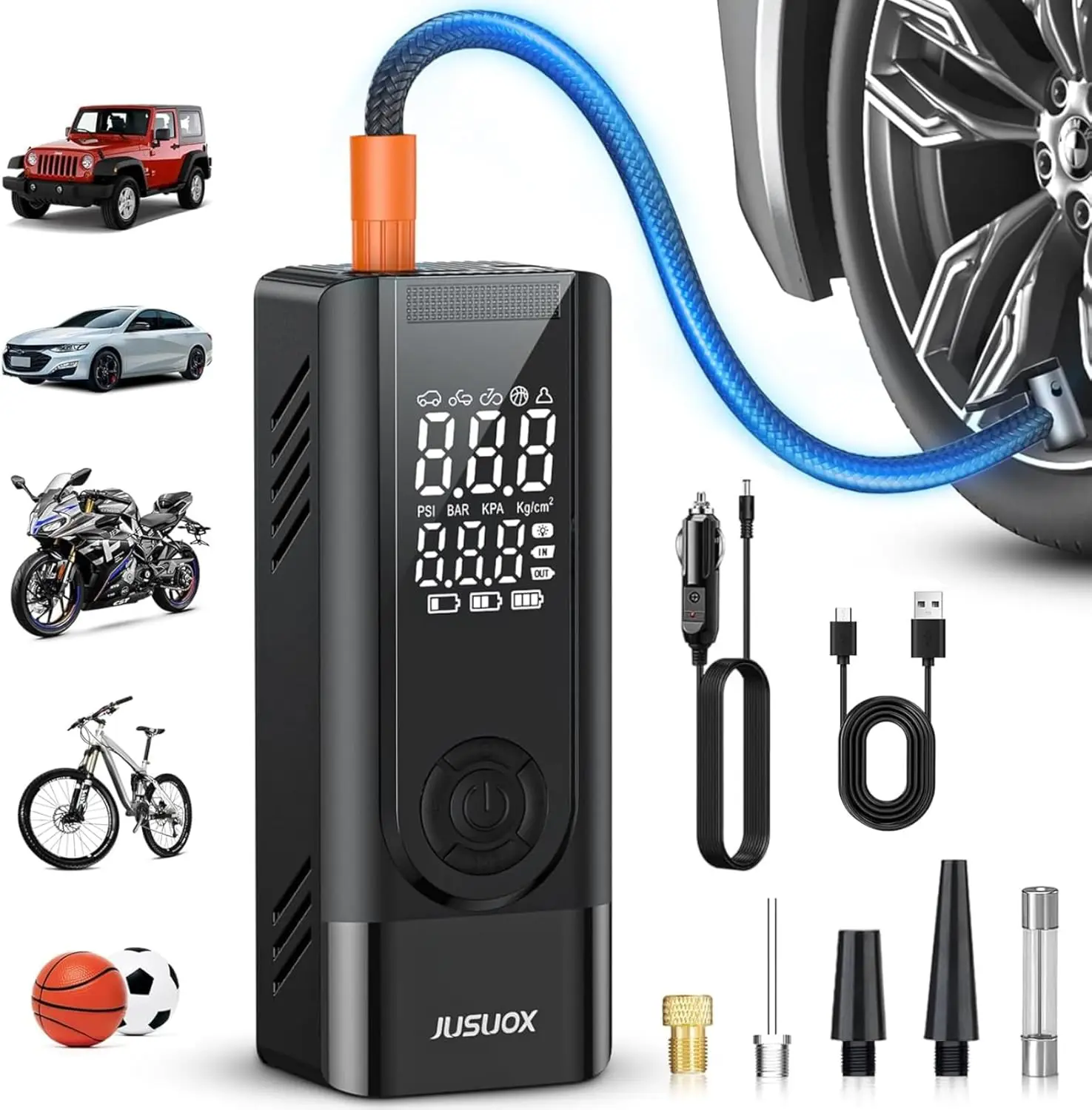 

Portable Air Compressor with Digital Gauge, 150PSI for Car & Bike Tires, Dual Power Battery/12V DC