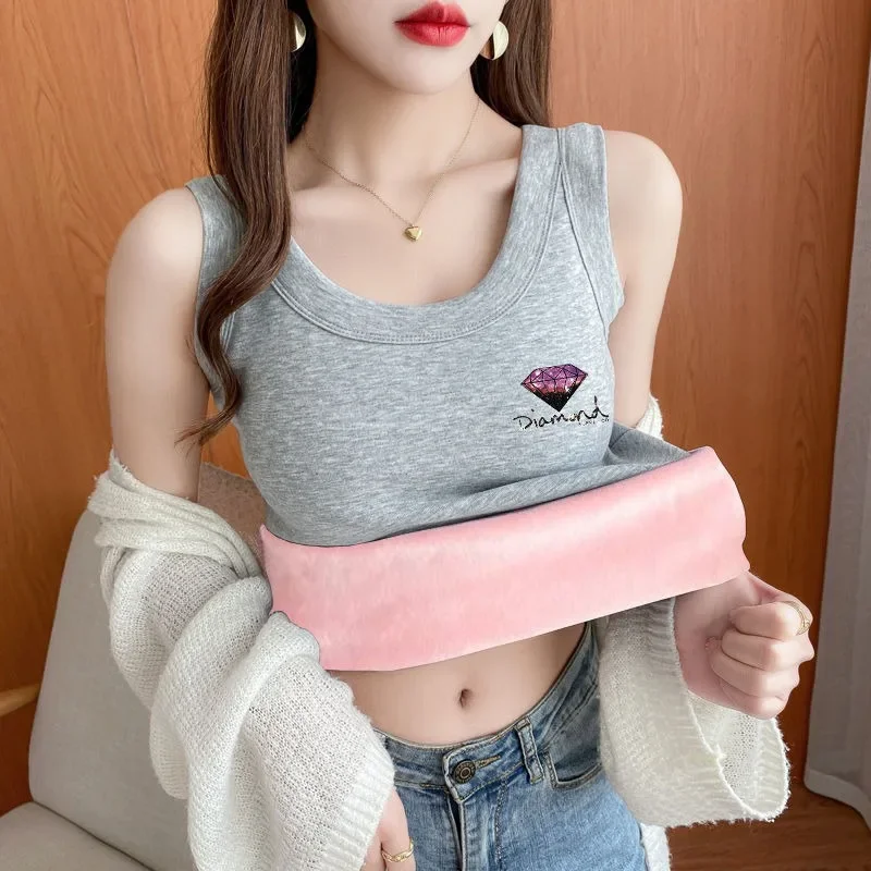 2024 New Two Tank Tops Women Plush Thickened Winter Straps Small T-shirt Top Gallus Beautiful Back Bottom Layer Warm Underwear