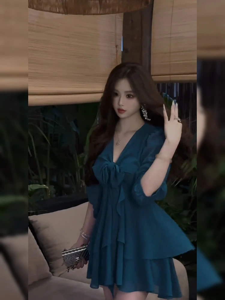 Keni plus Size Chiffon Dress V-Neck Short Skirt Women's Summer Elegant Waist-Cinching Korean Style Commute Wind High Waist