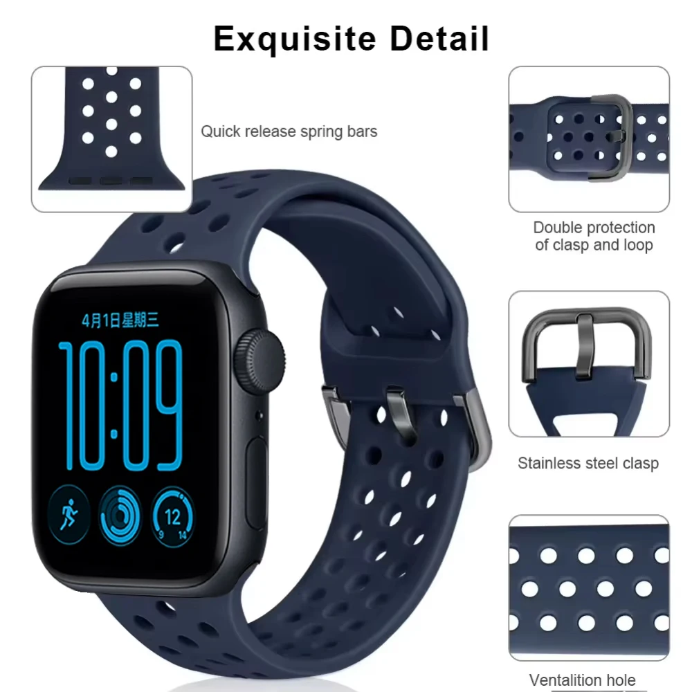 Band For Apple Watch SE3 44/40mm Silicone Breathable Adjustable Wristband For iWatch 12 11 10 46/42mm Ultra 4/3/2/1 49mm Correa
