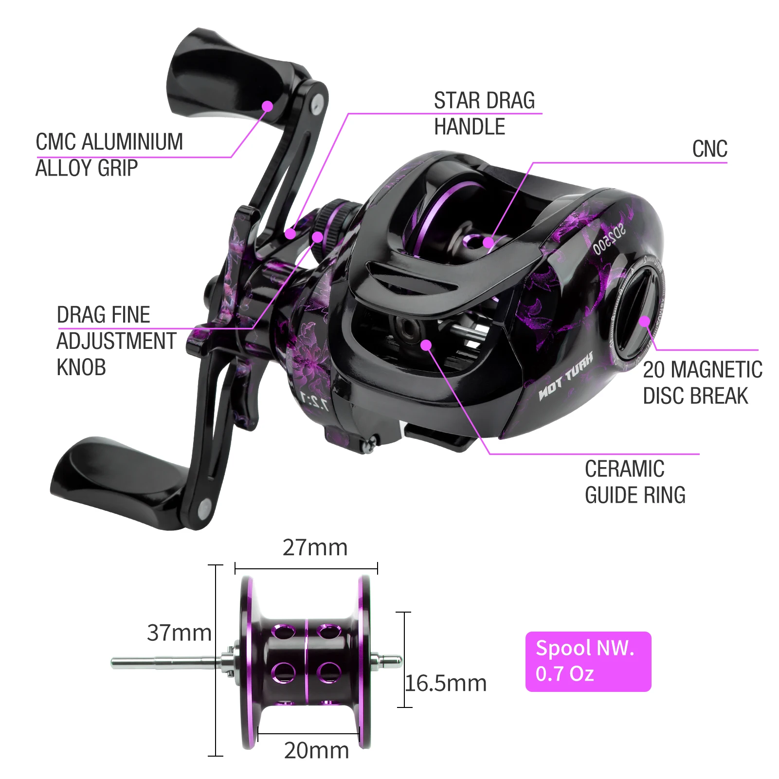 HAUT TON Baitcasting Fishing Reels Snow Demon Purple 17.64 Lbs Max Drag 7.2:1 Gear Ratio 4+1BB Metal Cup Freshwater saltwater