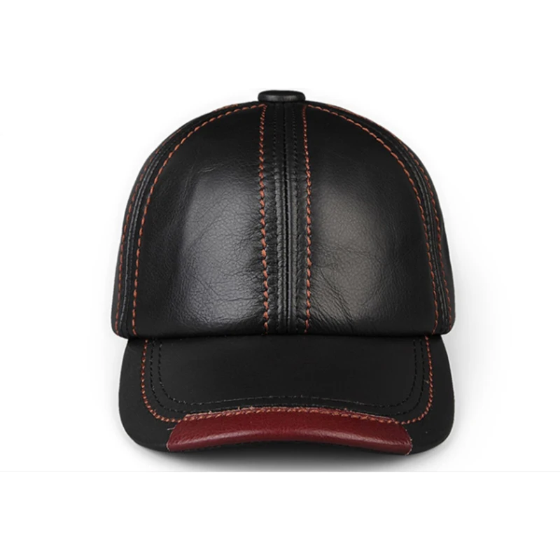 Men Real Cowhide Leather Earlap Caps Male Fall Winter 100% Real Cow Leather Hats New Casual Real Leather Outdoor Baseball Cap