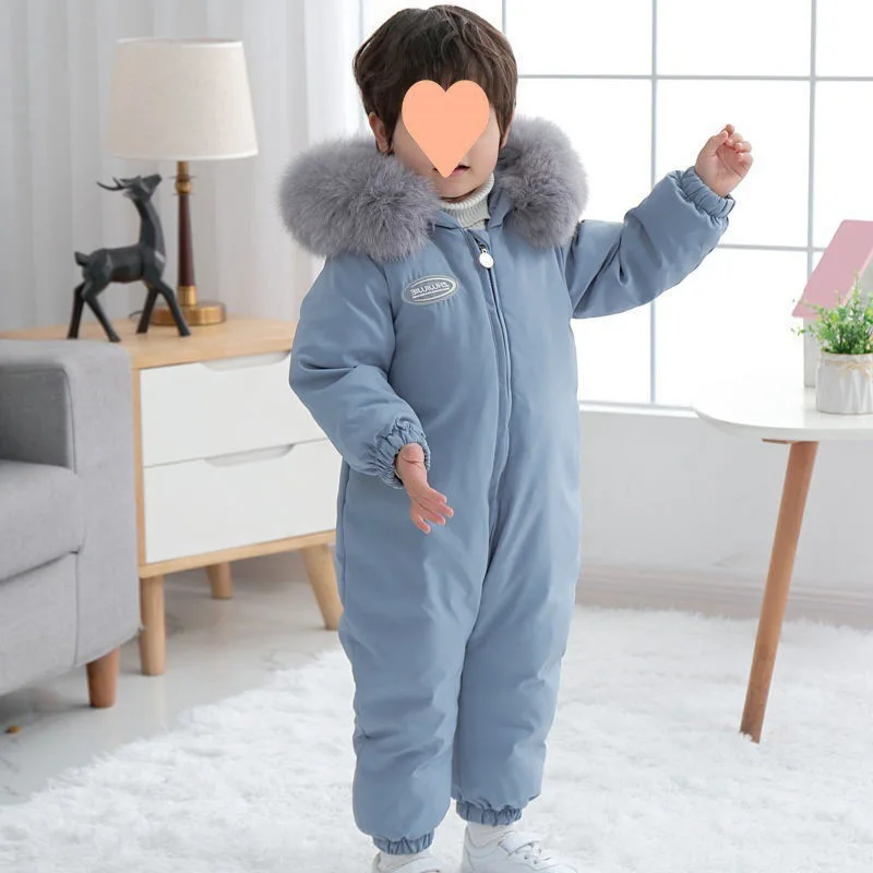 2024 Winter Baby Boy Romper Thickened Warm Hooded Children Jumpsuit Fashionable Outdoor Kids Girls Clothing Comfort Down Coat