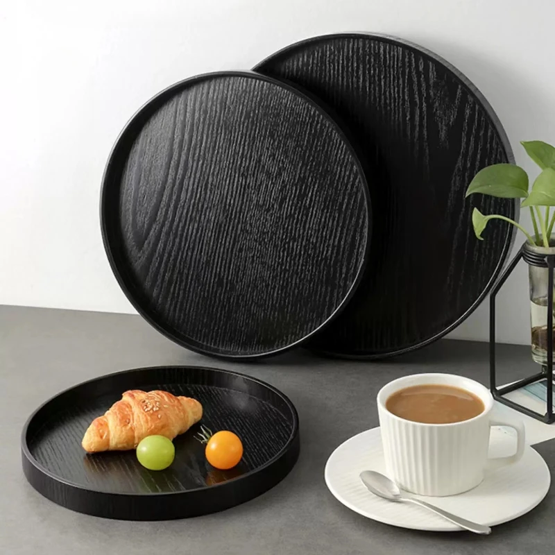 Schwarzes Holztablett, rundes Teetassen-Tablett, Café-Dessert-Tablett, Kuchen- und Gebäcktablett, Massivholzteller, Speiseteller, Holzgeschirr