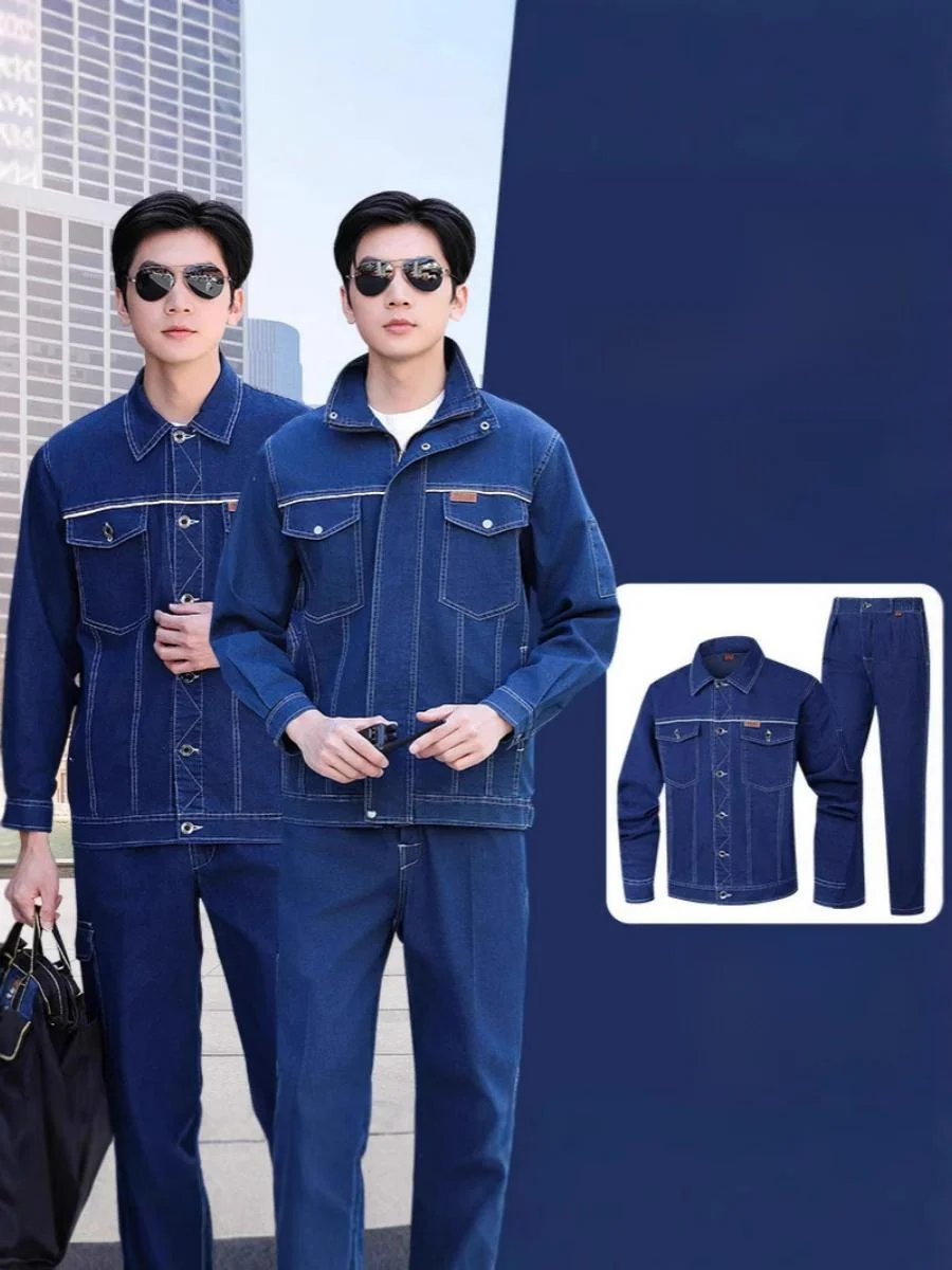 

Легкий эластичный летний джинсовый рабочий костюм с длинными рукавами для авторемонта, защитный комплект со светоотражающими полосами для сварки