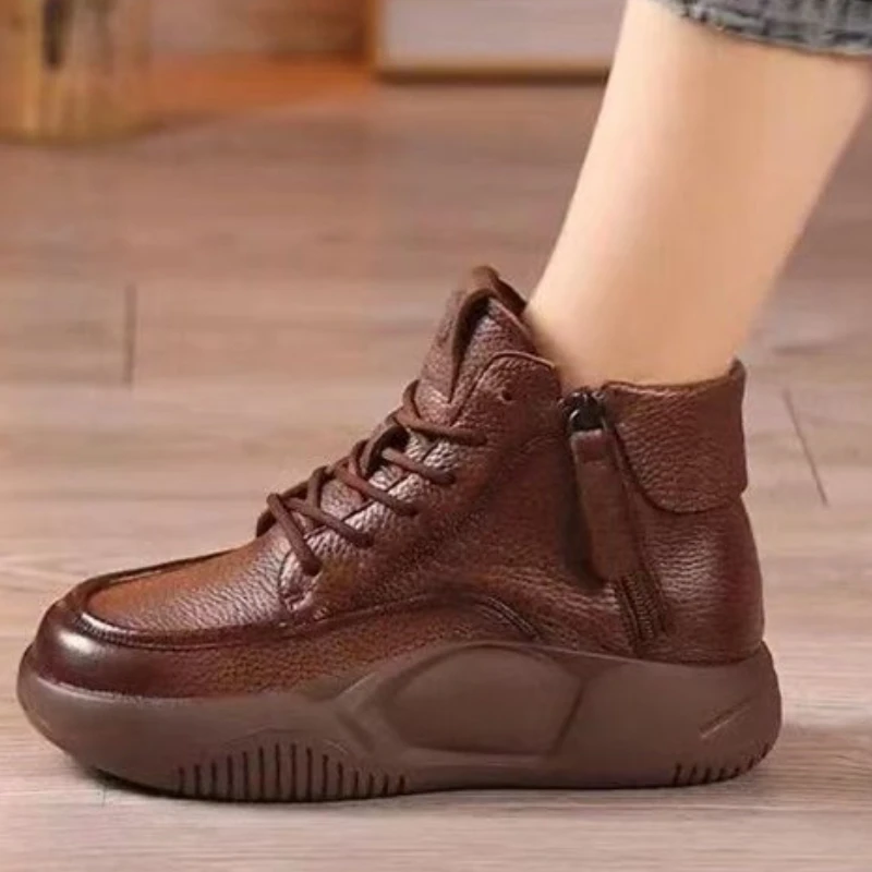 

Women's Retro Platform Boots Thick Bottom Side Zip High Top Sports Shoes Lightweight Lace Up Solid Colour Flats Botas Para Mujer