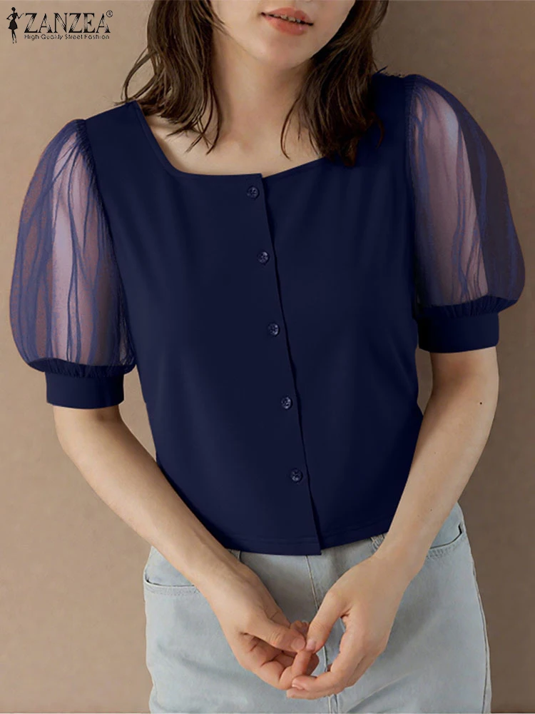 حجم كبير 5XL ZANZEA أنيقة مكتب سيدة قمصان النساء شبكة المرقعة بلوزة مثير ساحة طوق الصلبة عادية تونك بلوزات على الموضة