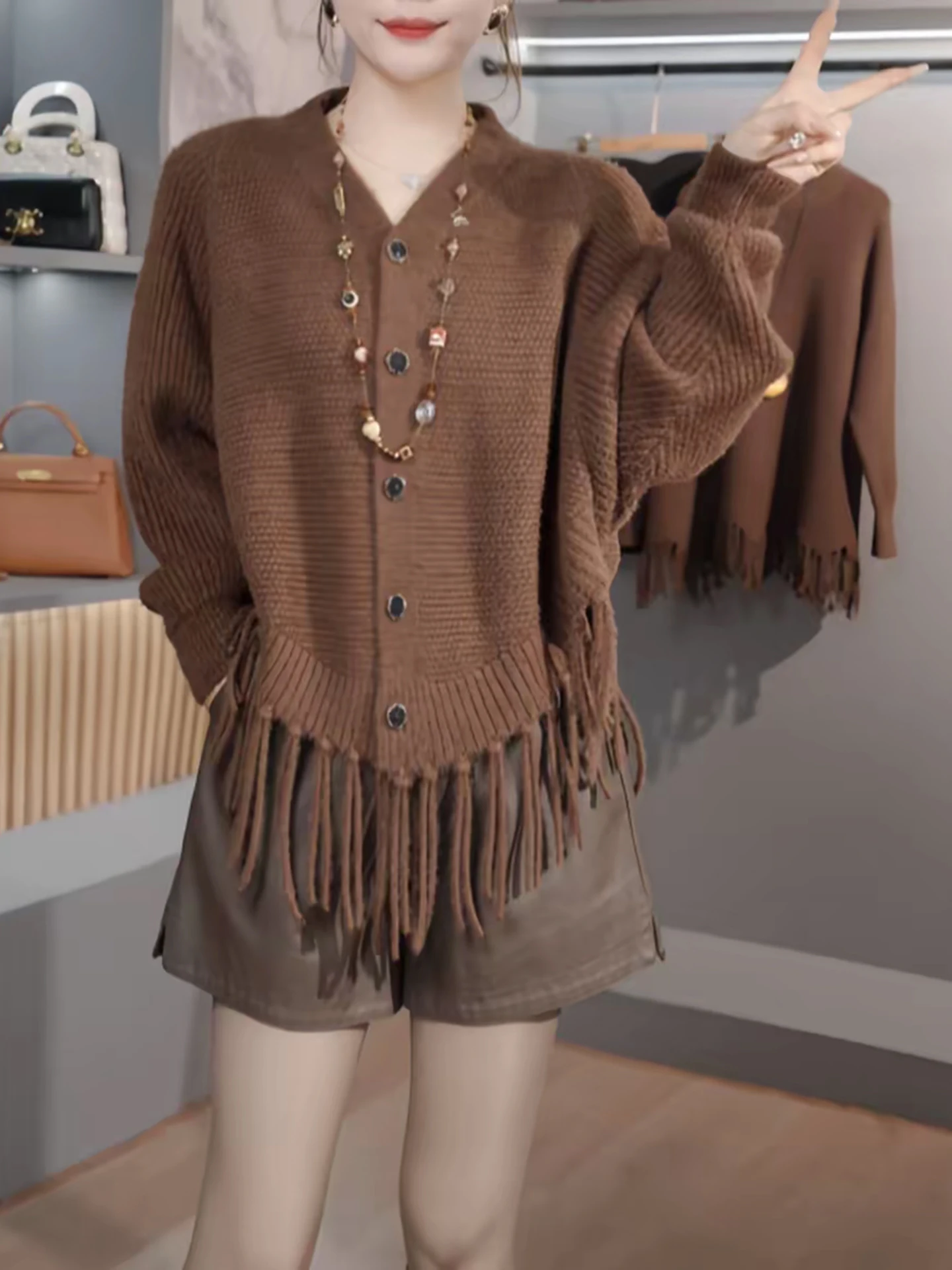 

Женский вязаный кардиган Ele V-Ne с V-образным вырезом, свободный, стройнящий, модный, с бахромой, мягкий, с длинными рукавами