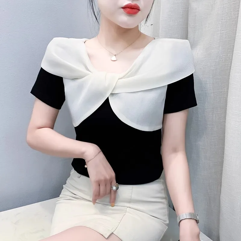 New European Clothing Women's T-Shirt Designer Crossing V Neck Patchwork Short Sleeve Slim Tops Lady Streetwear Summer Tees