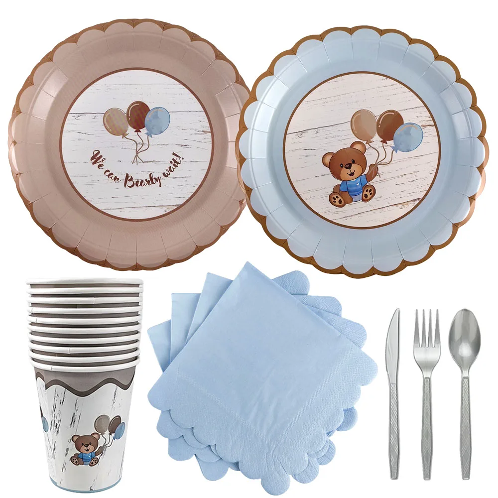 Little Bear stoviglie blu marrone piatti tazze tovaglioli grande orso bianco palloncino bambini compleanno Baby Shower Gender Reveal Decoration