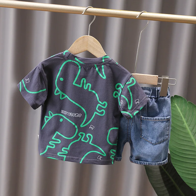 Boys Clothes Summer Fashion Crew Neck Children Tracksuit Dinosaur T-shirt Denim Shorts Suit Kids Outfit Baby Boys Set 1-5 Years