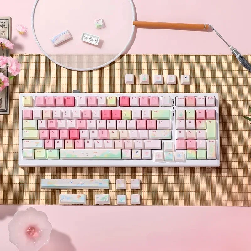 Ensemble de touches roses sur le thème de la porcelaine, sublimation PBT, aucun profil, accessoires de clavier mécanique, capuchons de clavier personnalisés