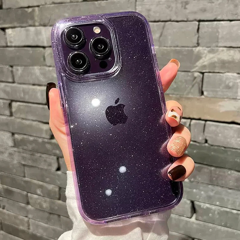 Luxury Bling Glitter Purple Clear Case For iPhone 11 12 13 14 15 16 Pro Max XR XS 14 Plus Transparent Acrylic Shockproof Cover