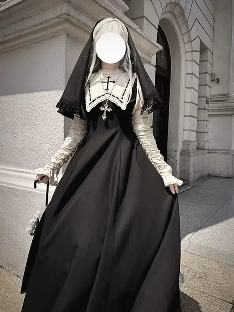 

Bubble Sleeve Gorgeous and Elegant Halloween Cosplay Costume Black Long Evening Dress for Women Dark Gothic Nun Lolita Dress