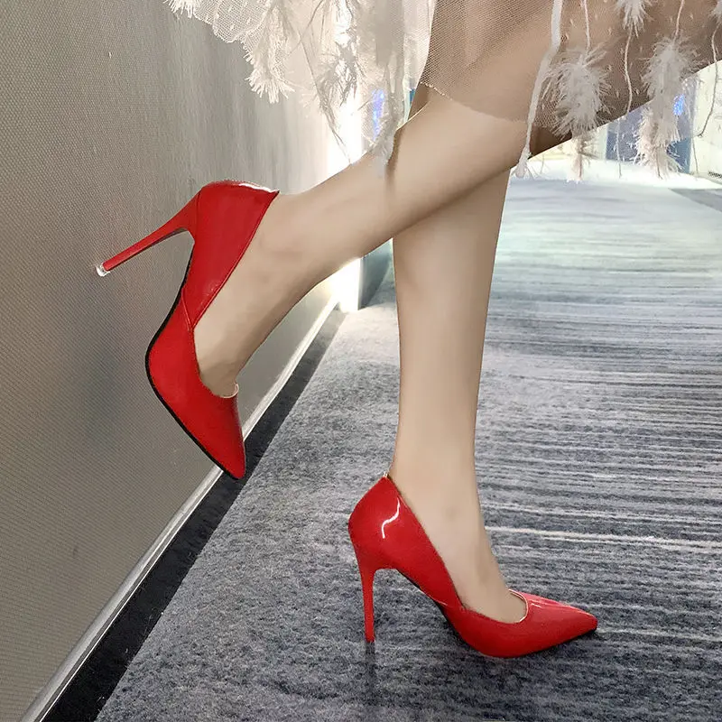 Hot Women super Shoes Pointed Toe Pumps Patent Leather Dresshigh Heels Boat Wedding Zapatos Mujer Red 10cm heel wedding shoesyt7