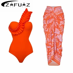 One Piece Swimsuit 2024 New Sexy Solid Ruffle Swimwear Women Yellow Bathing Suit Beach Wear Backless Monokini Female Bodysuit