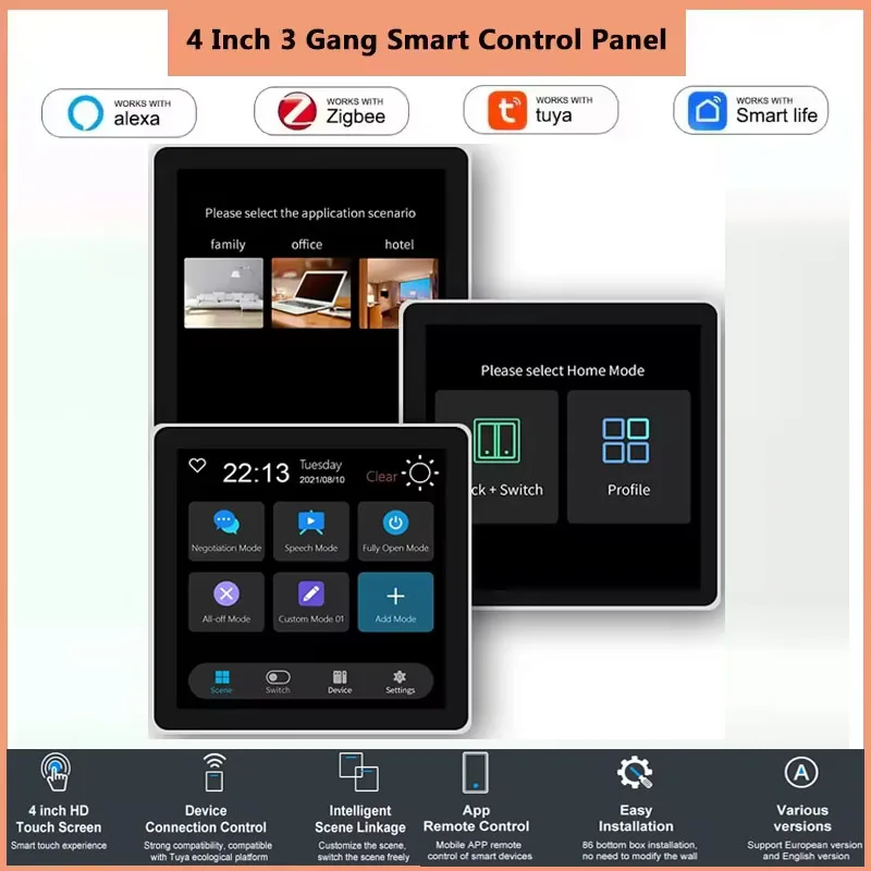 Tuya Zigbee 4 Inch LCD Touch Screen Smart Scene Panel &3 Gang Relay Switch 2 in 1 Multi-Function Built-In Alexa Central Gateway