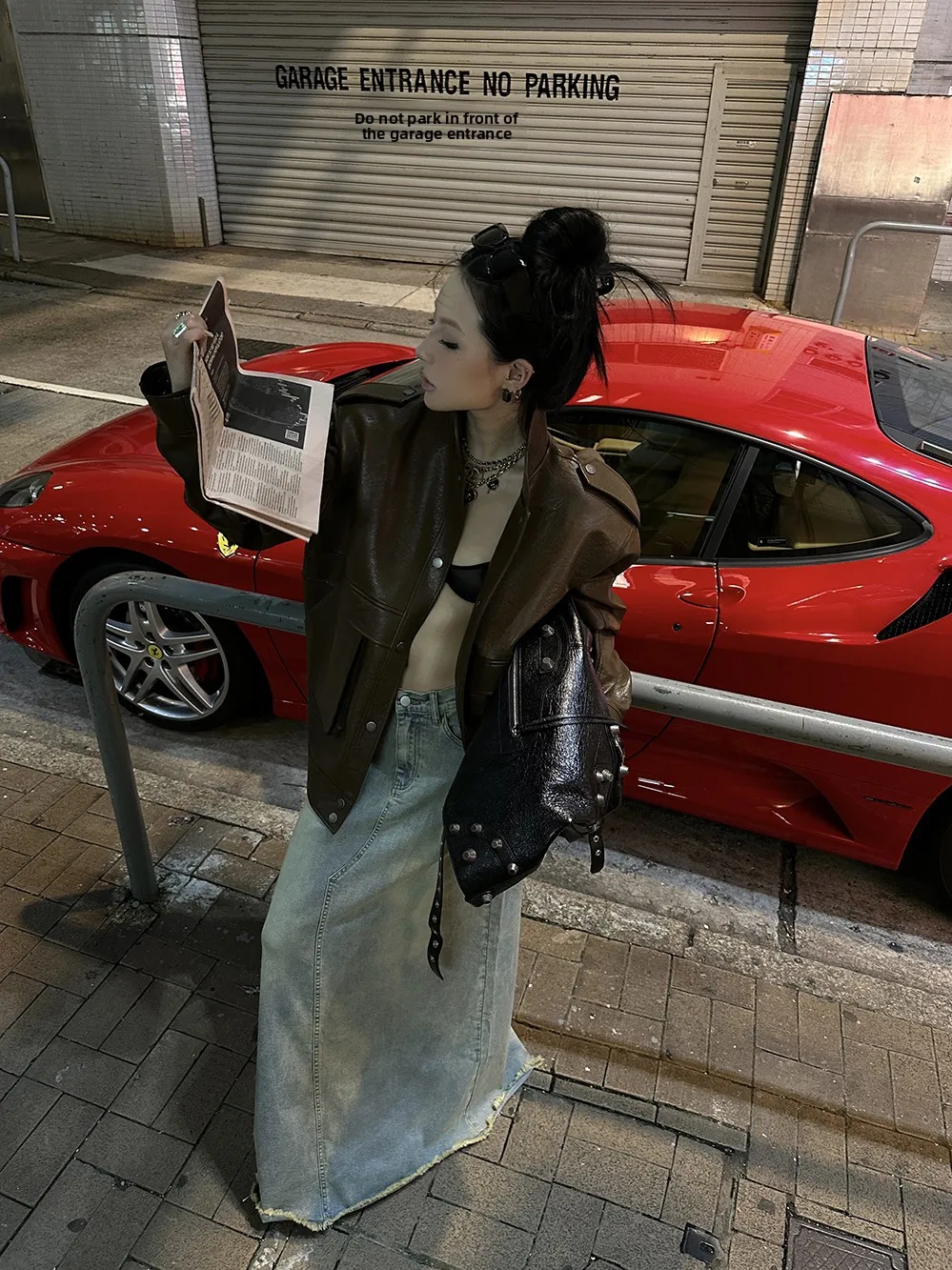 Marrom retro motocicleta jaet feminino fadable versátil jaet casaco picante menina rua sle longo sve solto ajuste de couro