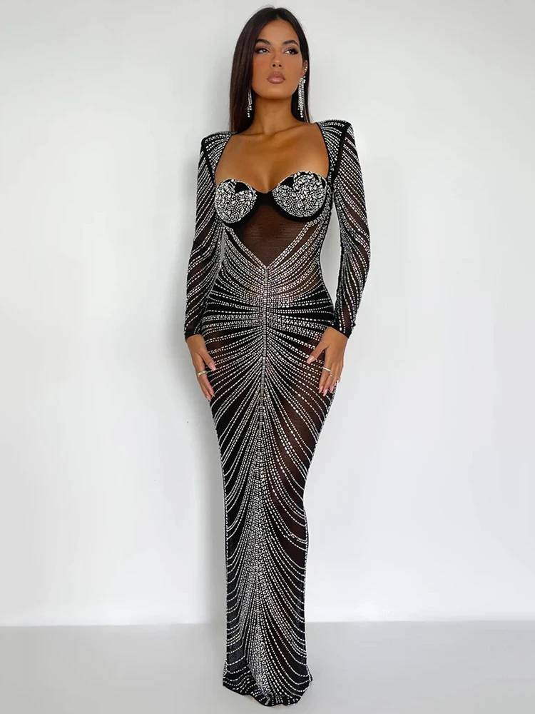 Mozision Glitter Mesh See Through Party Maxi Dress For Women Fashion Full Sleeve Bodycon Sexy Club Long Evening Dress Vestido