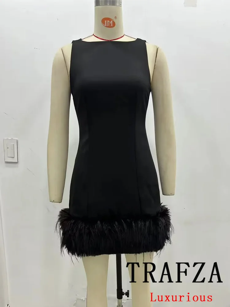 TRAFZA Vintage Casual Chic vestido de mujer plumas sólidas cremallera sin mangas Mini vestido nueva moda 2024 Otoño Invierno vestido femenino