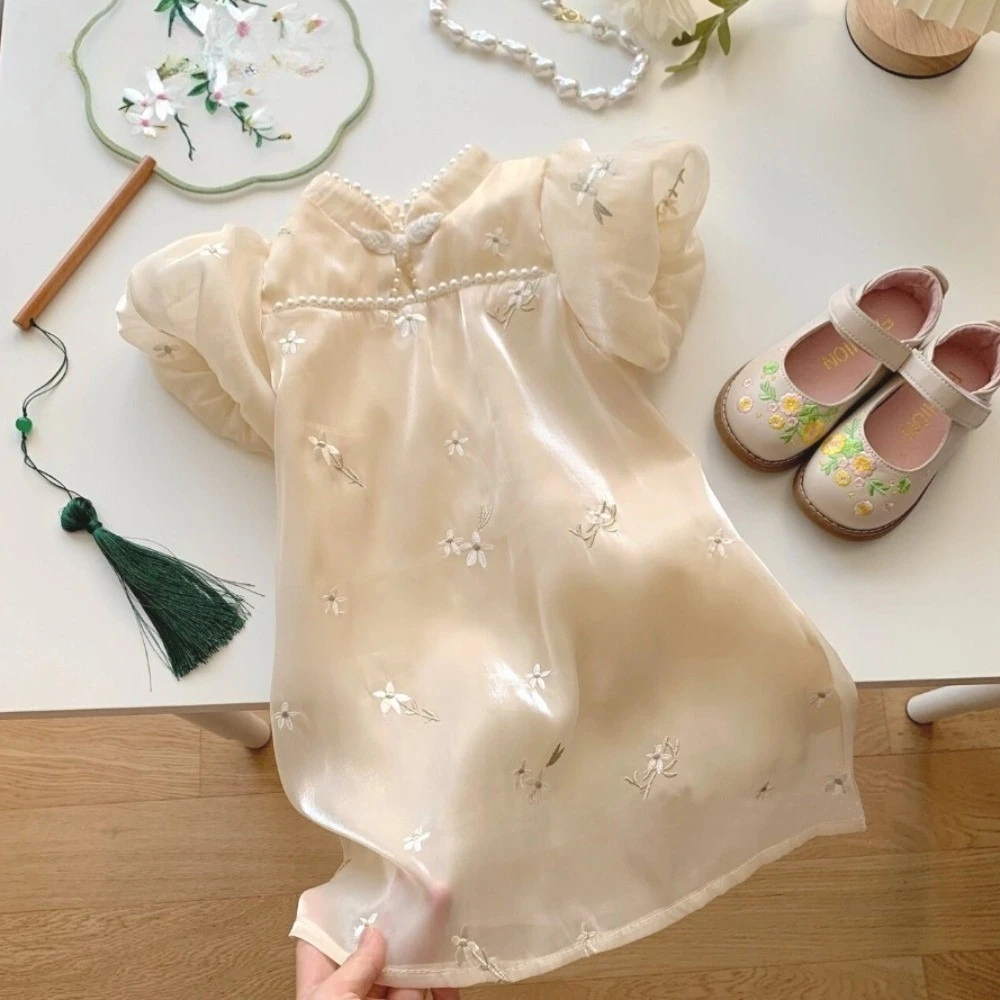 Beige Chinese Style Flower Embroidery Pearl Button Cheongsam Bubble Sleeve Princess Dress for Girls Aged 2-7  Summer New