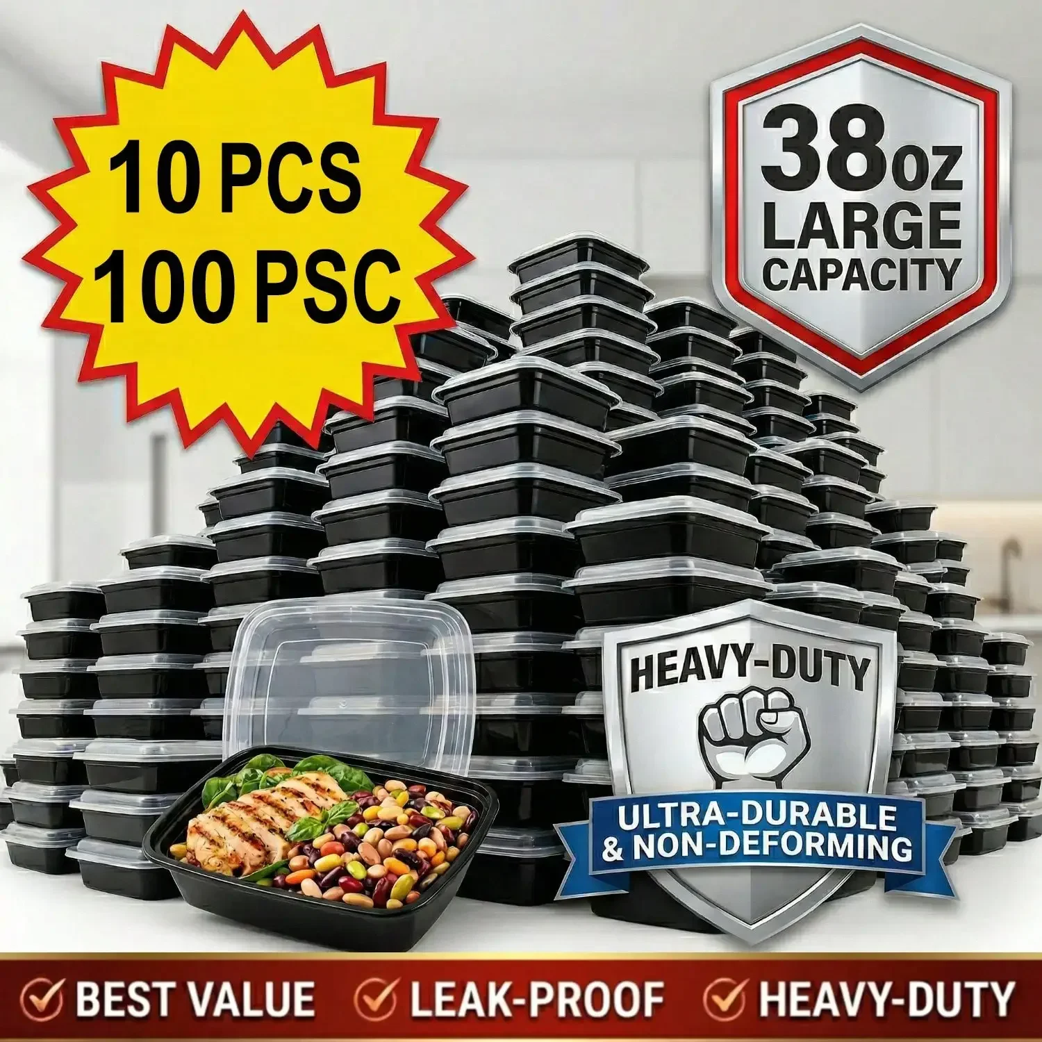 10/100pcs 38oz Black Rectangular Meal Prep Containers, Food Storage Container, Bento Box, Disposable Lunch Box, Kitchen Organizers And Storage Accessories, Microwave & Dishwasher & Freezer, Local Warehouse