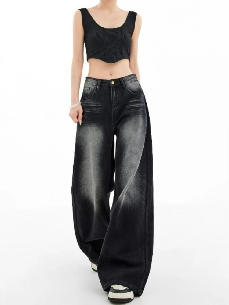 

HOUZHOU Vintage Black Washed Jeans Women Gothic Y2k Baggy Straight Denim Trousers Oversized Grunge High Street Wide Leg Pants