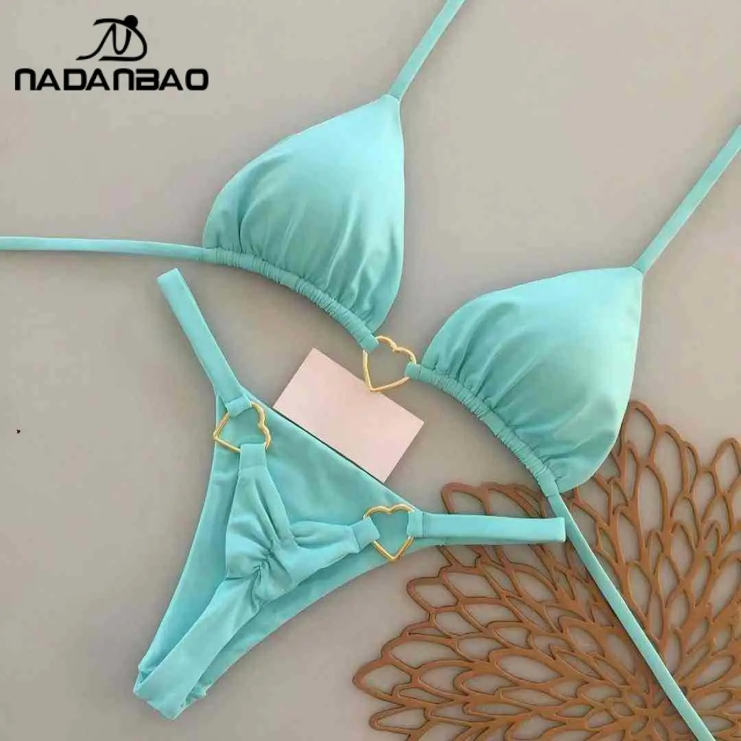 

Nadanbao Sexy Lake Blue Bikini for Women Fashion Hot Spring Holiday Swimsuit Casual Halter Neck Bathing Suit Summer Beachwear