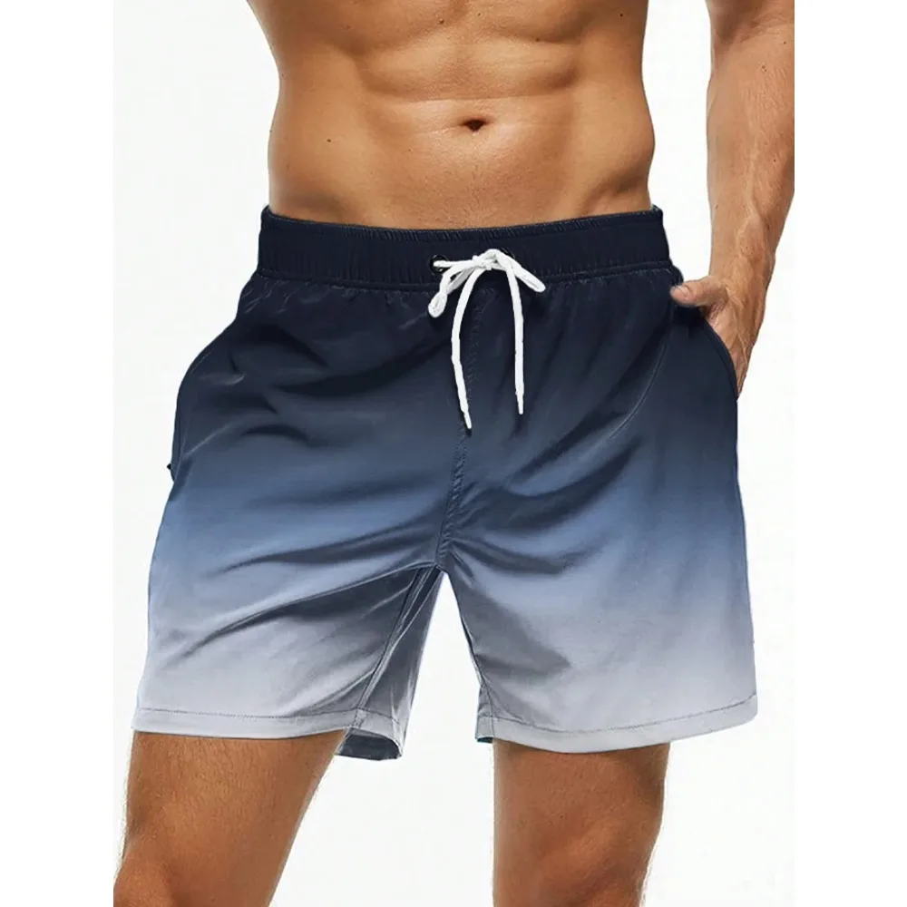 Men's Beach Shorts Gradient Color Block Drawstring Summer Men's swim Trunks Elastic Waist 3D Print  Breathable Short Streetwear