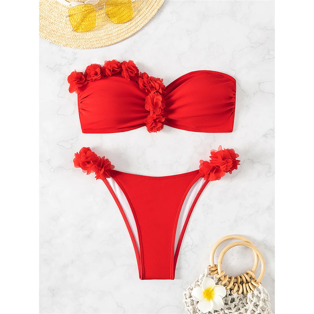 XS - L 3D-Blumen-Bandeau-Bikini mit hohem Beinausschnitt, Damen-Badebekleidung, zweiteiliger Bikini-Set, Badeanzug, Badebekleidung, Schwimmbikini V5961 – Detail 10