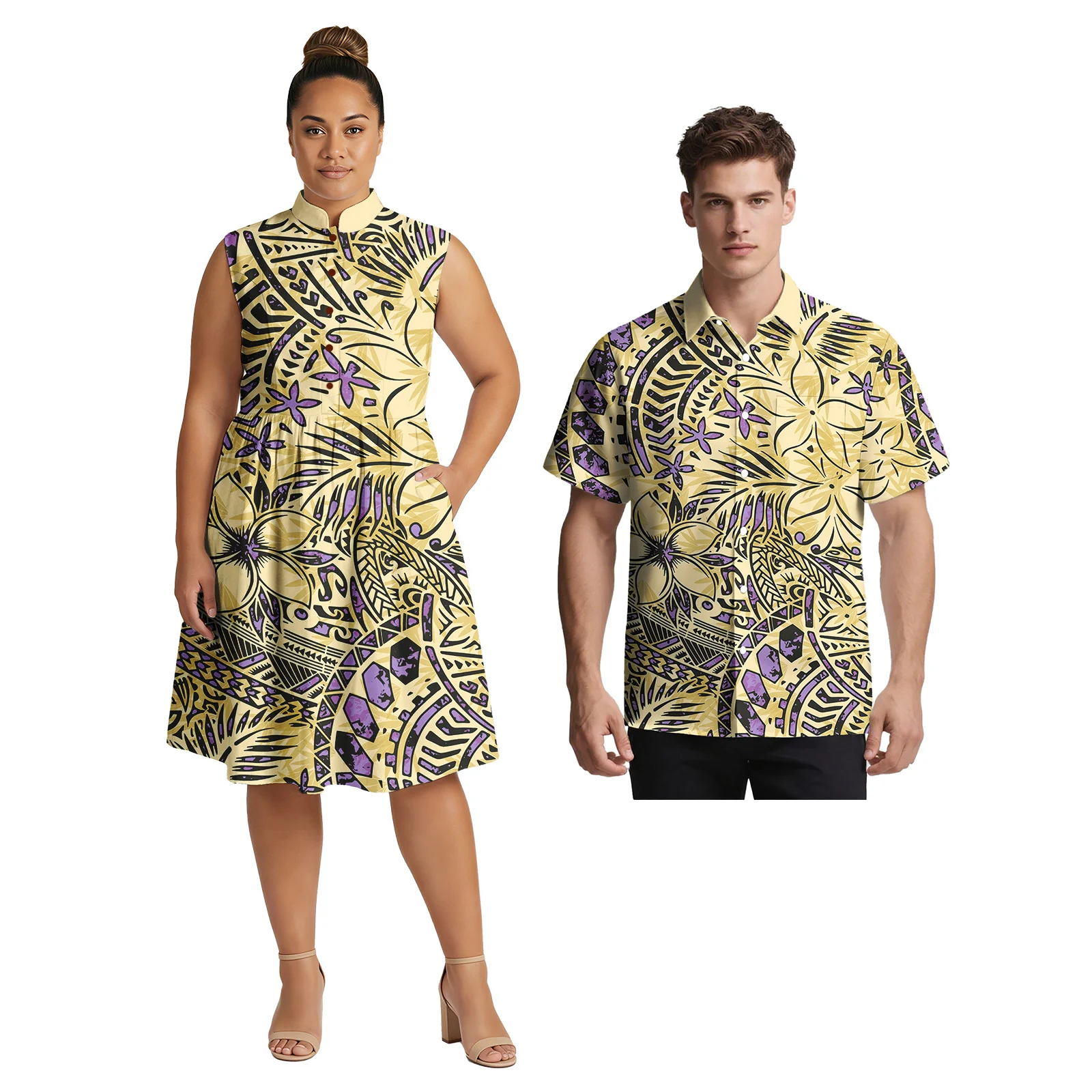 

New Arrivals Couple Suit Hawaiian Tropical Pattern Men Shirt Polynesian Lady Tribal Sleeveless Midi Dress Samoan Couple of Set