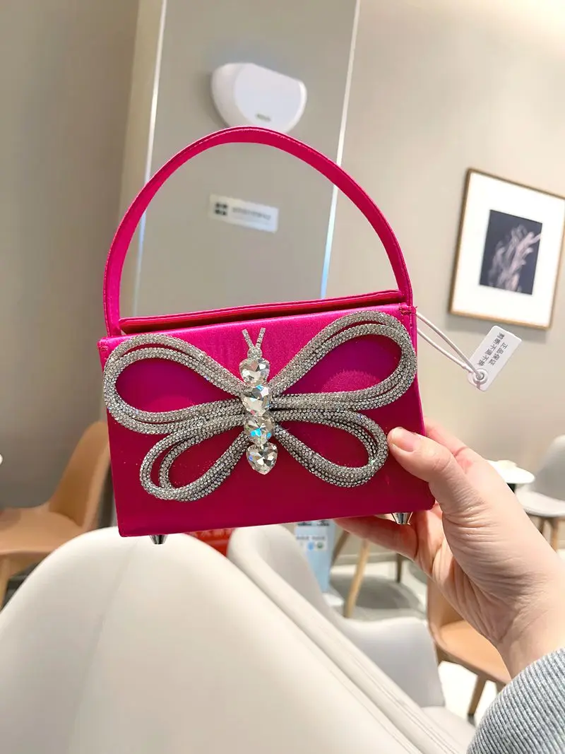 

Luxury Designer Satin Handbag Glitter Shiny Rhinestone Diamond BowKnot Evening Bag Wedding Party Clutch Purse Women Shoulder Bag