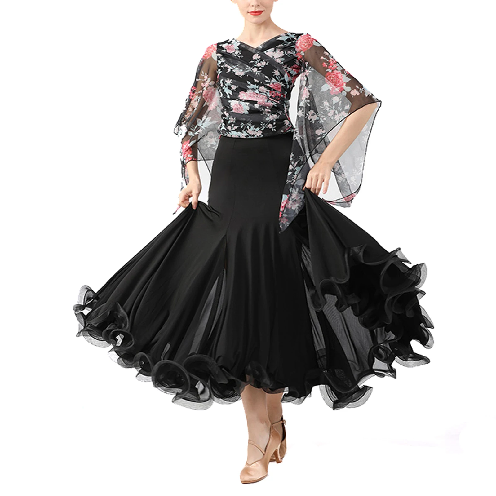 

Printing Ballroom Top Pleated Skirt Dance 2pcs Standard Ballroom Dance Dress Foxtrot Flamenco Skirt Spanish Dance Costumes
