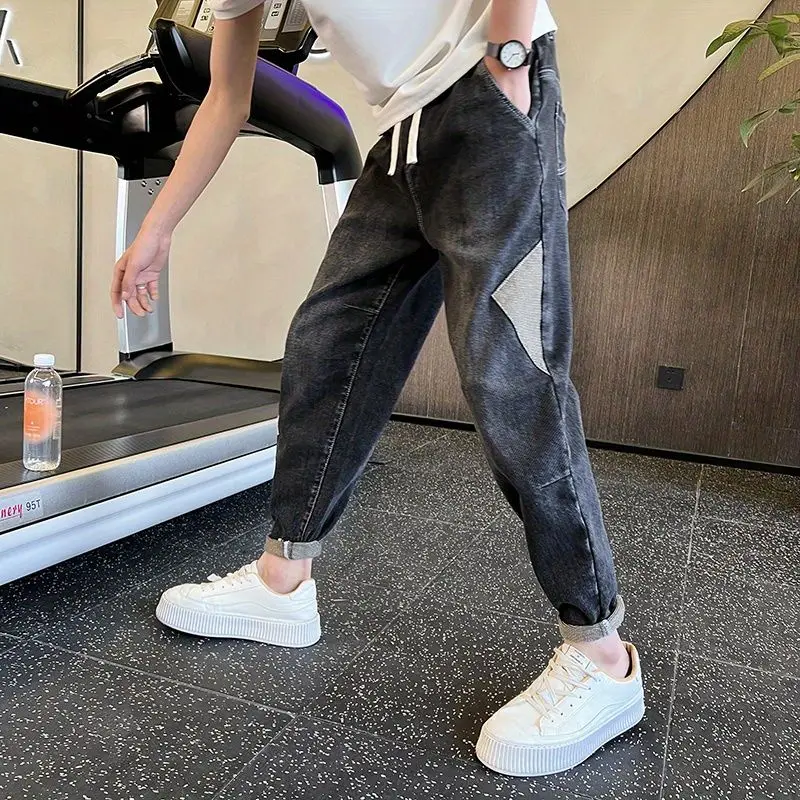 

Эластичные шаровары, винтажные джинсы, мужские модные лоскутные узкие повседневные брюки, стильные укороченные брюки