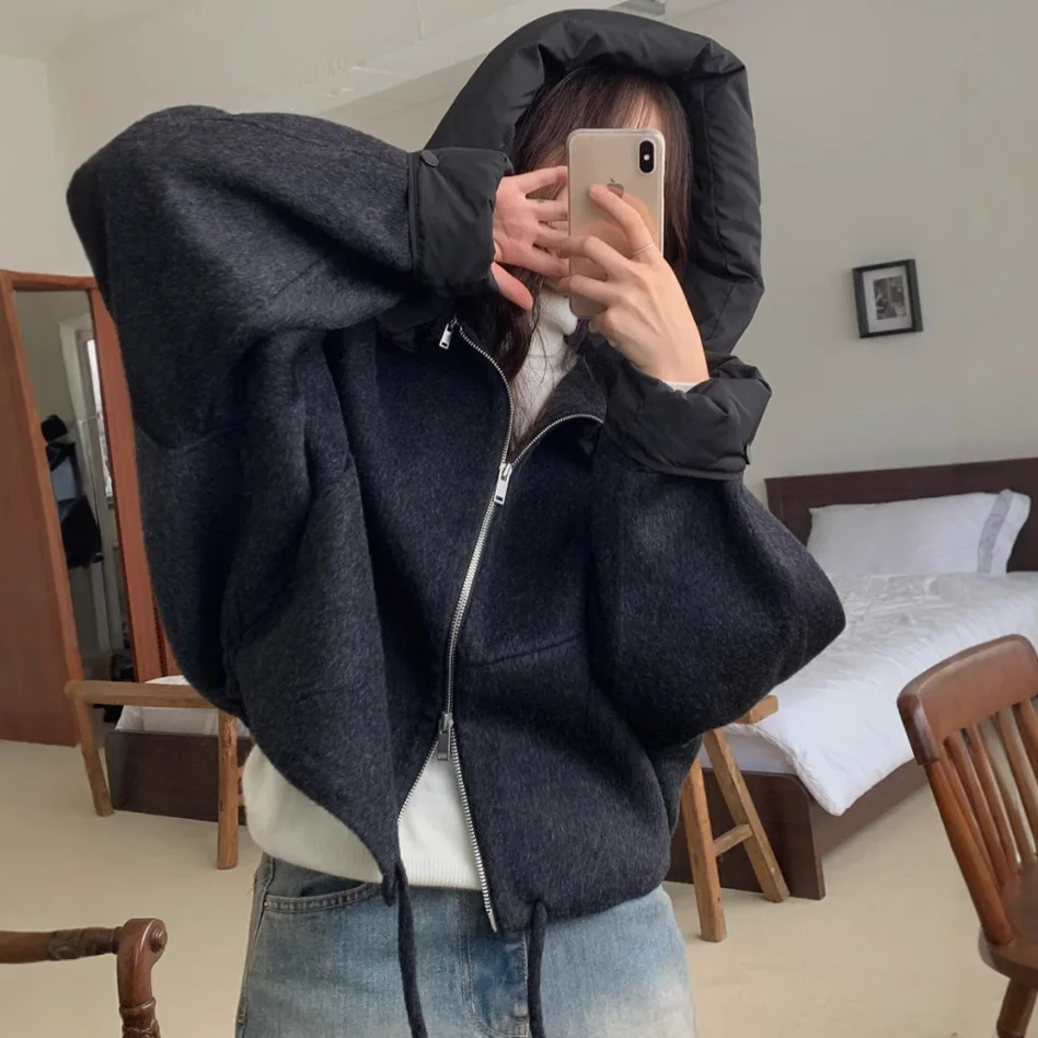 Thick Warm Women Short Woolen Coat Design Hooded Loose Long Sleeve Jacket Female Fashion Versatile Thermal Windproof Outerwear