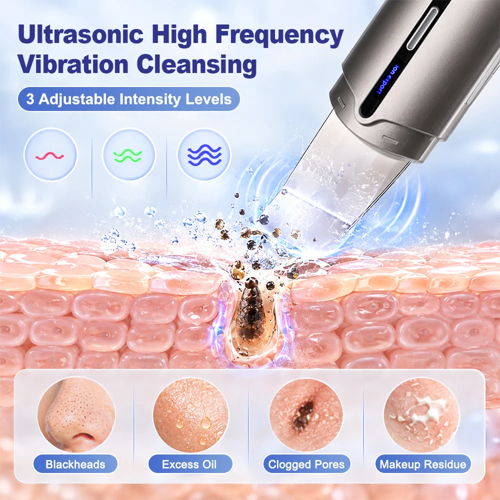 Ultrasonic Skin Scrubber Face Spatula Blackhead Remover Pore Cleanser Serum Absorption 3 Modes Red Blue Light Warm Massage Spa