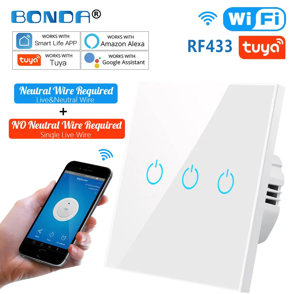 Smarter Schalter Alexa RF433 ohne Neutralleiter, einphasig, Tuya-Steuerung, kompatibel mit Google, 1/2/3-fach Smart Home Lichtschalter mit WLAN