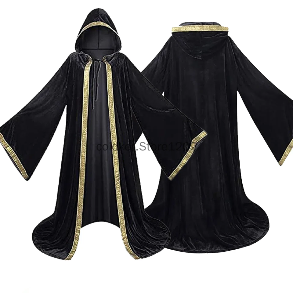 

Adult Halloween Costume Medieval Cape Cloak Velvet Hooded Vampire Wizard Monk Witch Costume Priest Pastor Gown Robe