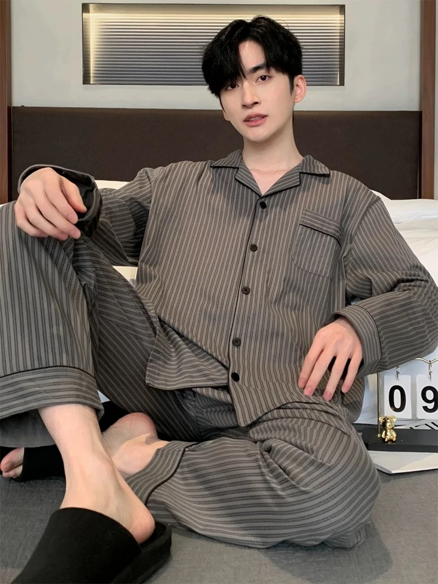 Pajamas Spring and Autumn Men's Long-Sleeved Trousers Cardigan Loose Lapel Large Size Home Clothes Spring Suit