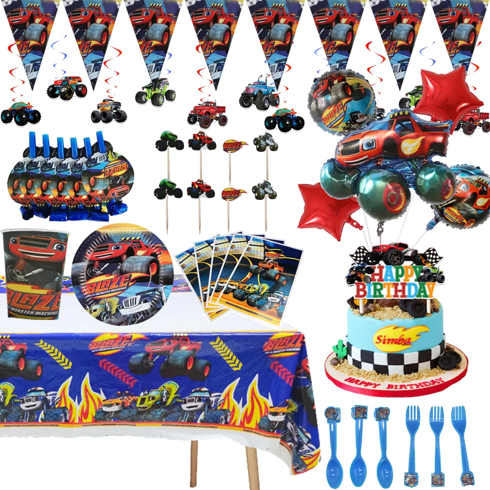 Blaze Monster Birthday Party Decorations Tableware Paper Cup Plate Banner Balloons Kids Party Decor Baby Shower Supplies Gifts