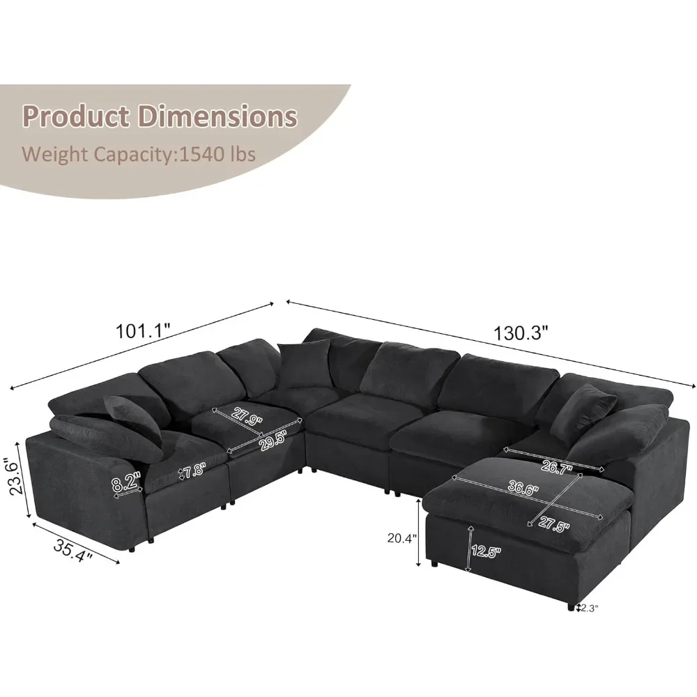 Chenille U Shaped Couch with Reversible Chaise/Ottoman, Sleeper Sofá Bed 7 Seater Living Room Furniture Sets with 3 Pillows