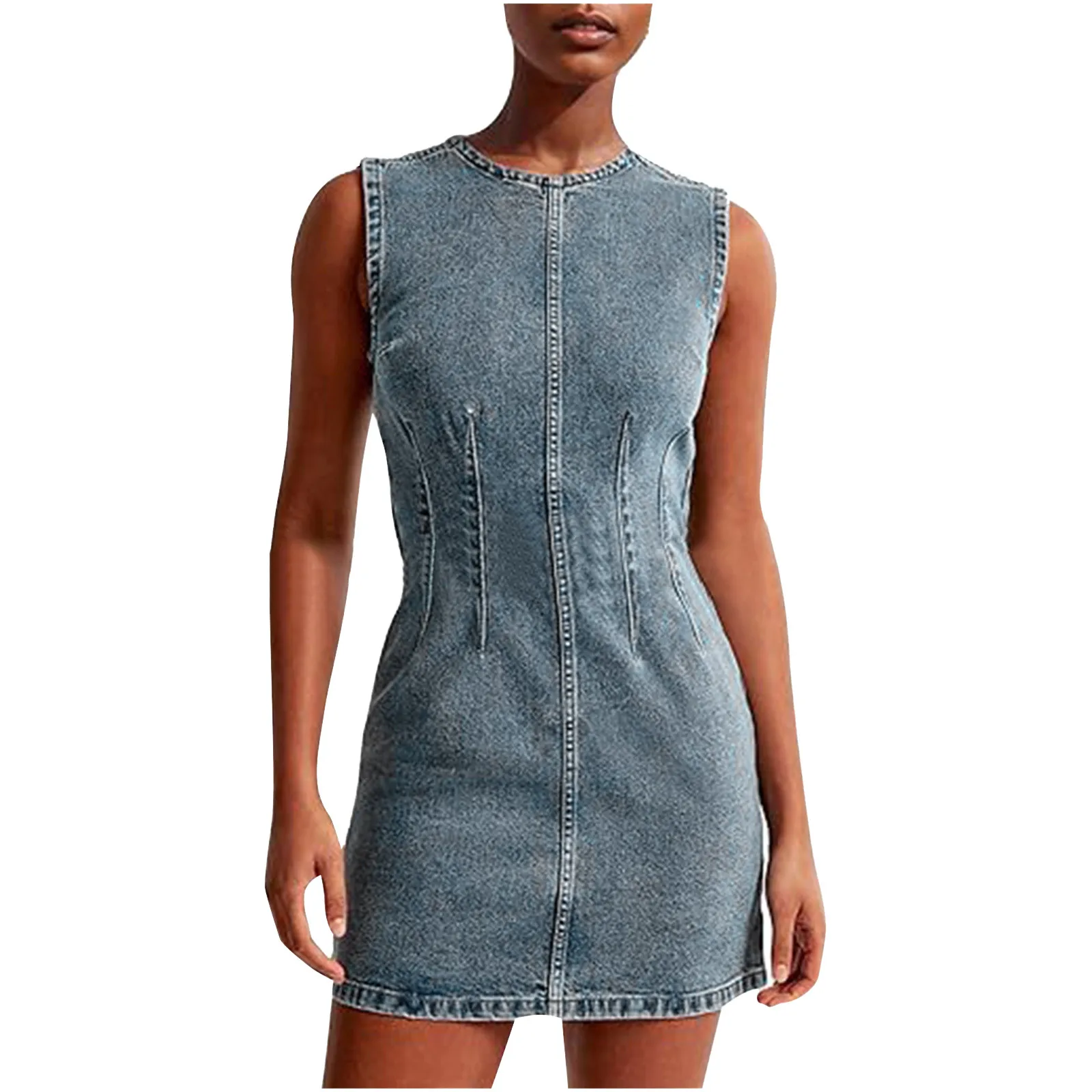 

Sleeveless Buttocks Wrapped Denim Short Dress for Women Casual Round Neck Street Style Dresses Elegant Slim Fashion Dress