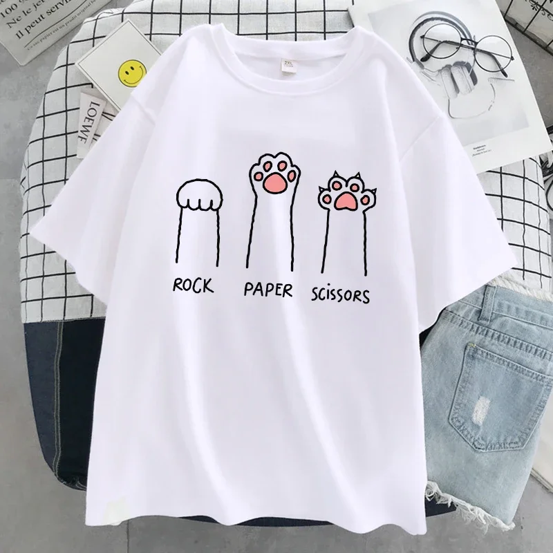 Rock Paper Scissors Funny Cat Print T Shirt Women Summer Soft Oversized Tops Fashion Casual Short Sleeve Street Tshirt Y2K Top